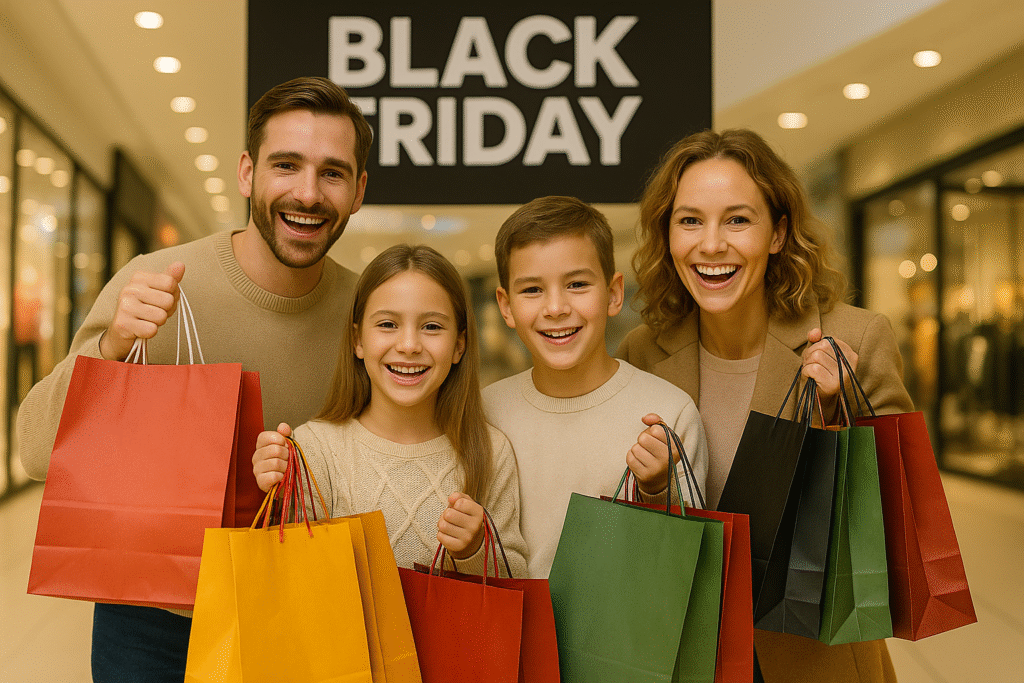 A smiling family of four holding colorful shopping bags in a mall during Black Friday.