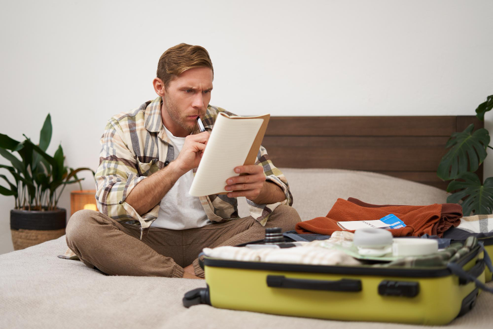 Carry-on suitcase packed for a 7-day trip, neatly organized with clothes and essentials.