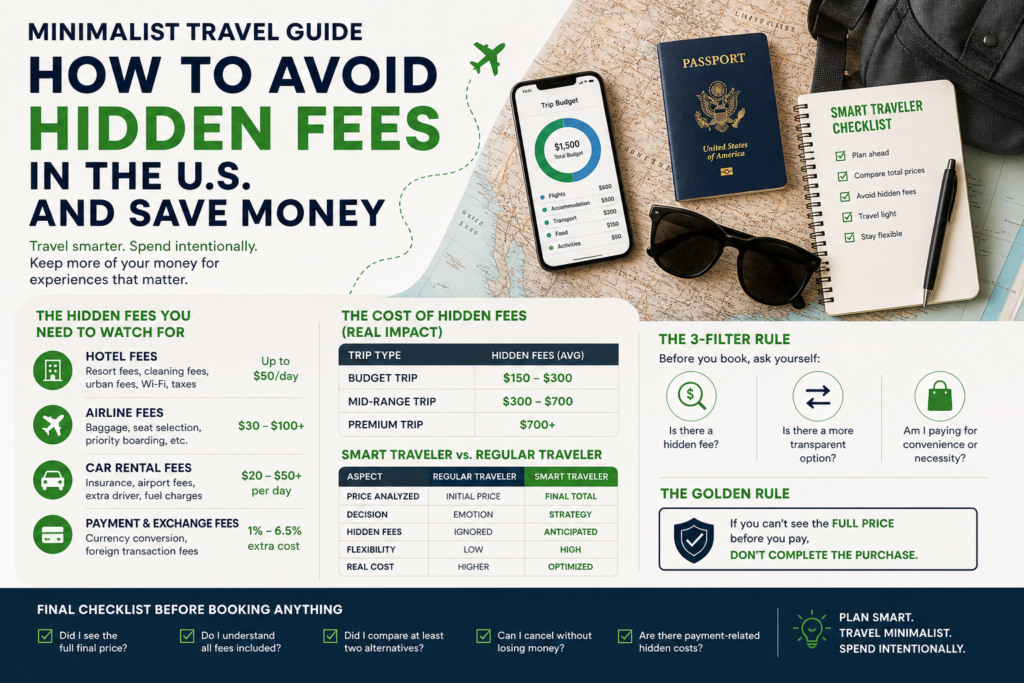 **Image with tips for minimalist travel and avoiding hidden fees.**
