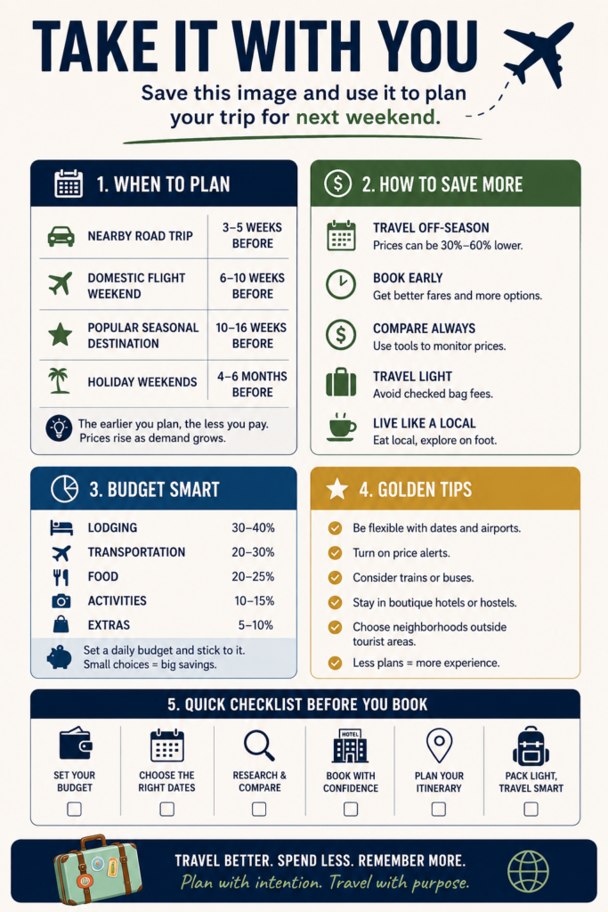 Minimalist travel planning infographic with budget-saving tips, ideal booking timelines, travel checklists, and weekend getaway strategies.