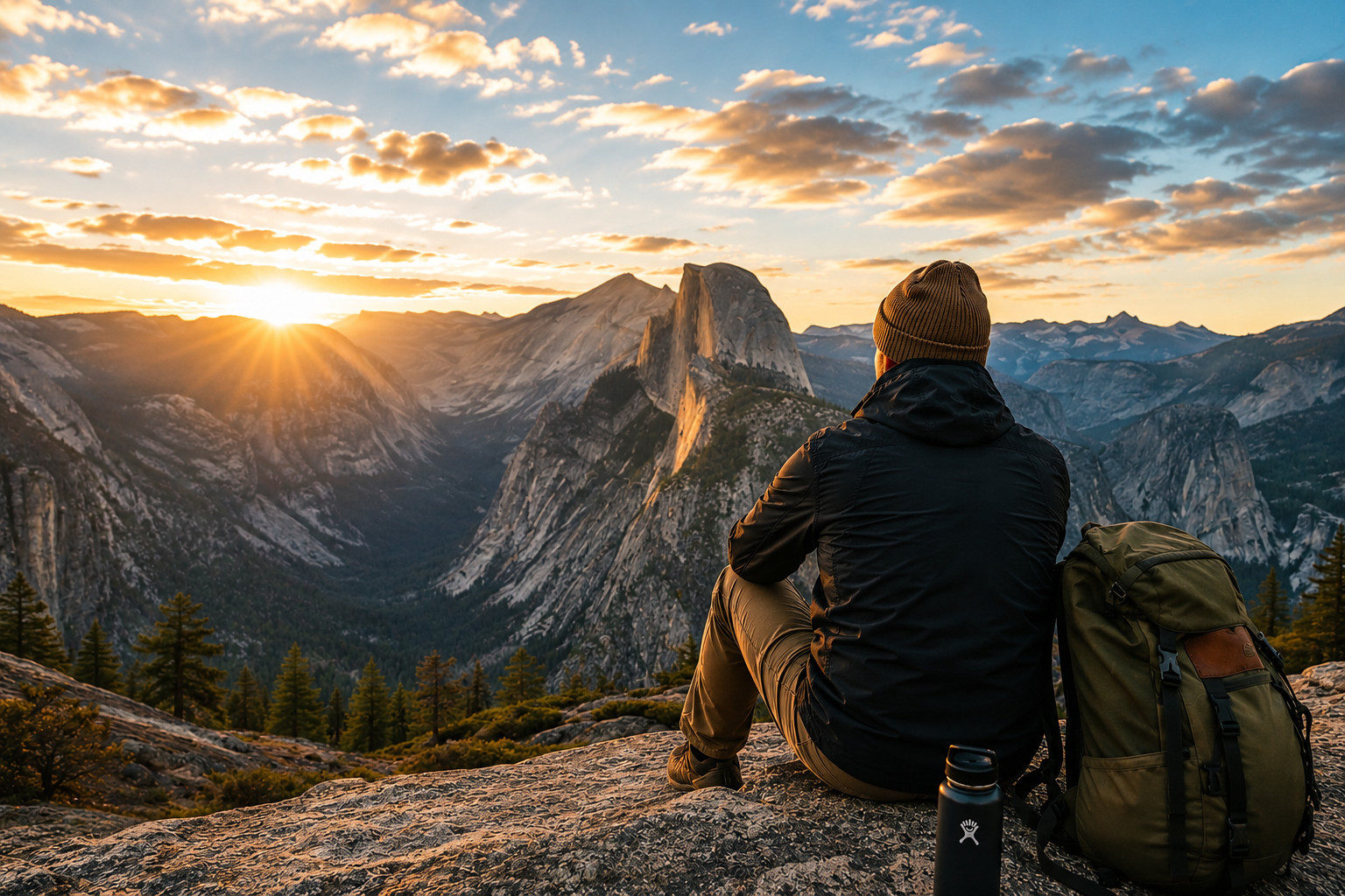 A minimalist traveler sits on a rocky overlook at sunset, facing a vast mountain landscape inside a U.S. national park with a backpack beside him.