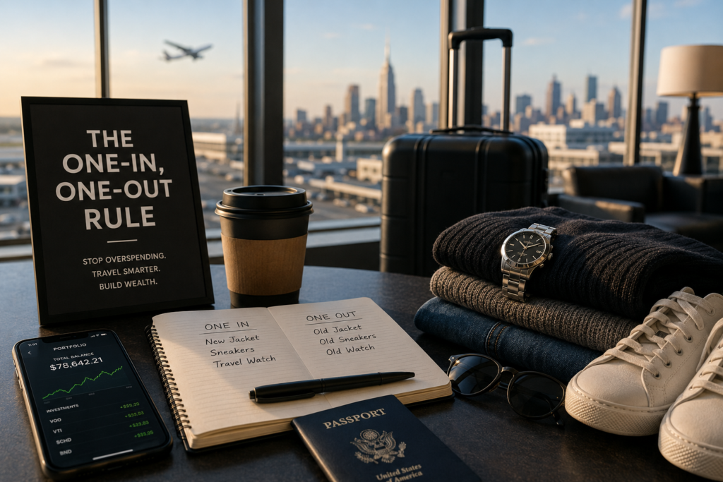 Stylish American traveler at an airport terminal with minimalist luggage and premium fashion accessories, reflecting intentional spending and smart travel habits.