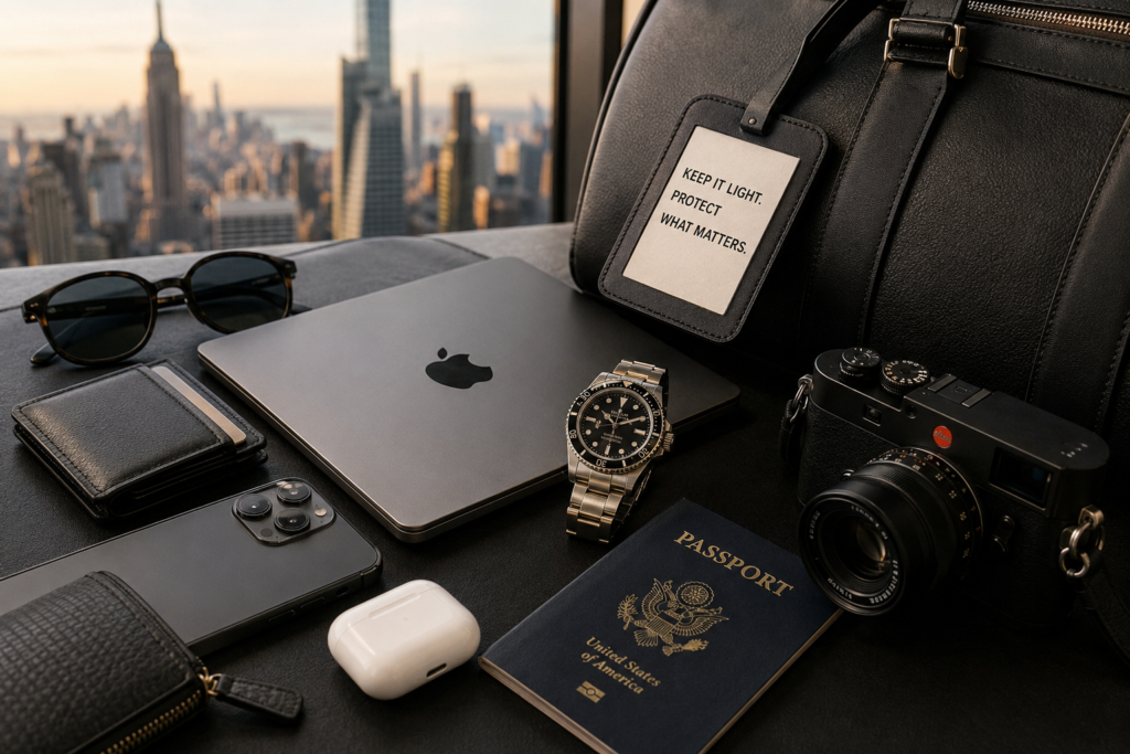 Premium travel essentials arranged on a sleek dark surface with luxury luggage, camera, laptop, passport, and accessories against a modern city skyline.