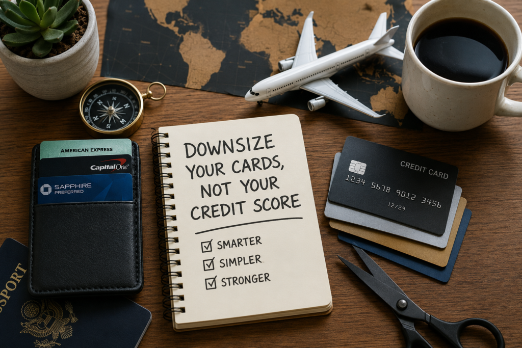 Minimalist travel workspace with passport, wallet, credit cards, coffee, airplane model, and financial planning notebook