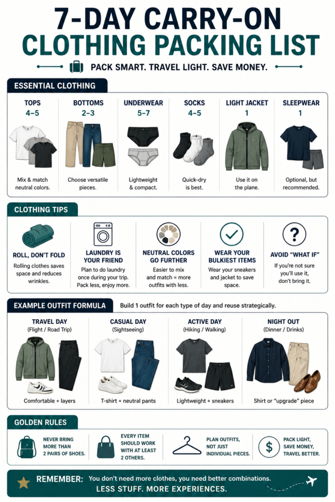 Infographic showing a 7-day carry-on clothing packing list with essential items, outfit examples, and tips like rolling clothes, using neutral colors, and packing light.