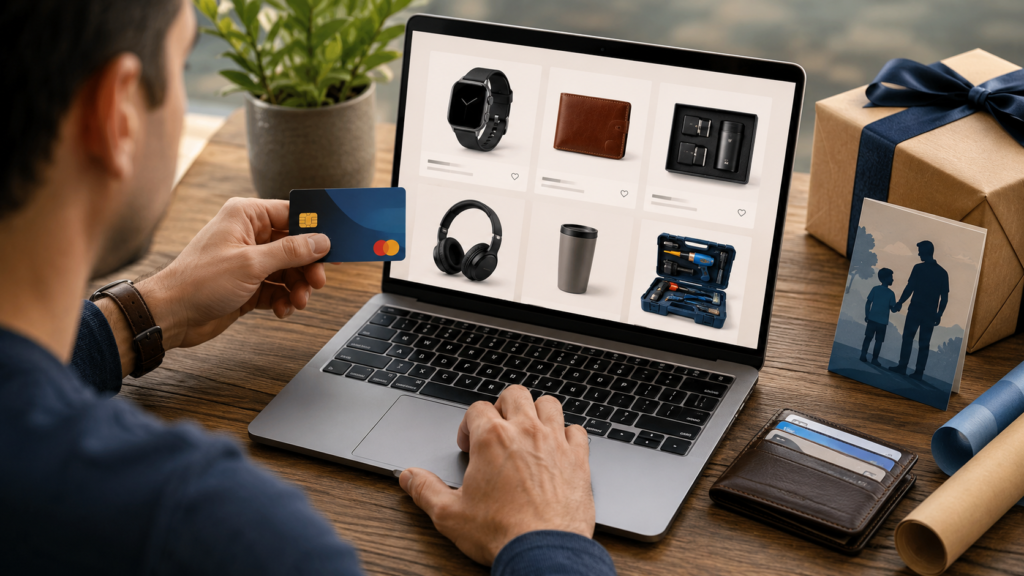 Person shopping online for Father's Day gifts while comparing cashback credit card rewards and savings options.