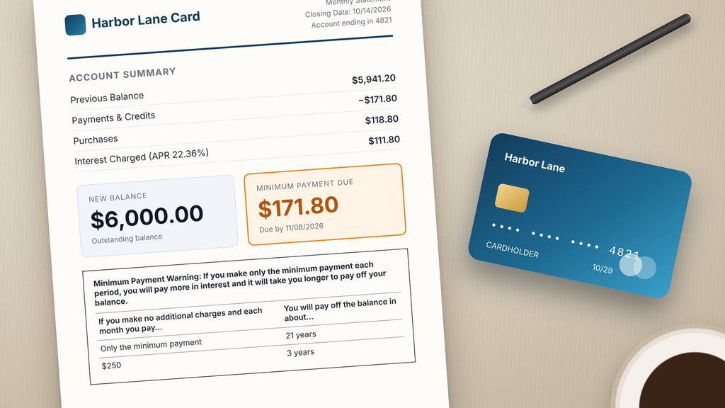 Credit card statement showing a minimum payment and an outstanding balance.